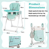 Baby High Chair Foldable Feeding Chair with 4 Lockable Wheels-Green