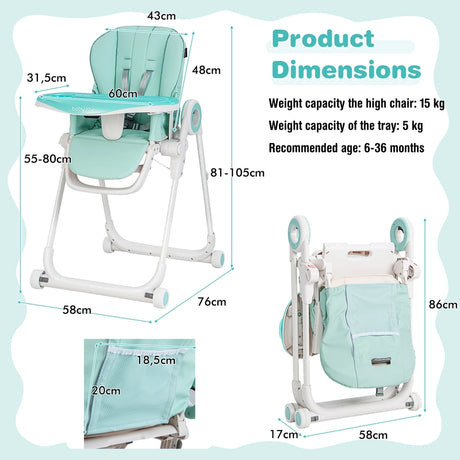 Baby High Chair Foldable Feeding Chair with 4 Lockable Wheels-Green