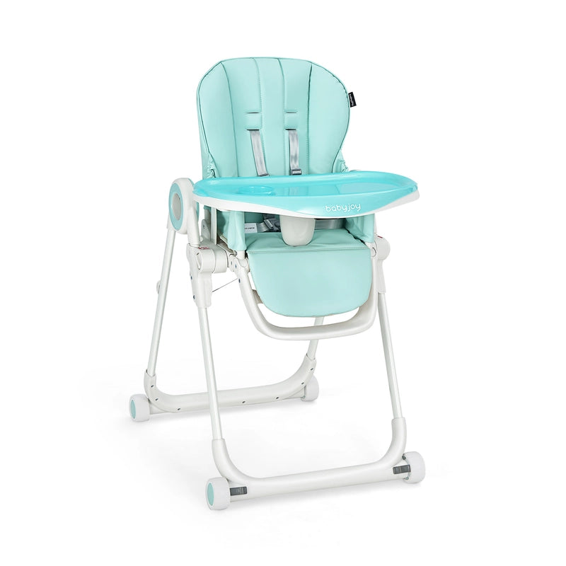 Baby High Chair Foldable Feeding Chair with 4 Lockable Wheels-Green