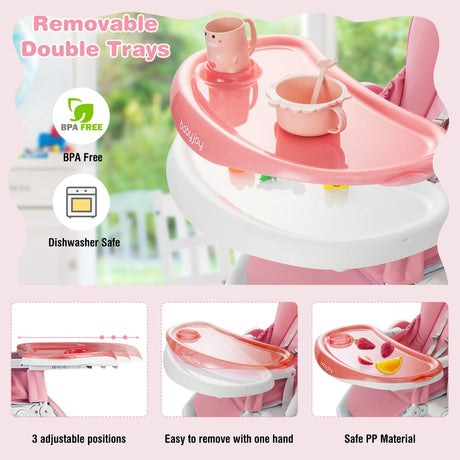 Baby High Foldable Feed Chair with 4 Lockable Wheels for Kitchen-Pink