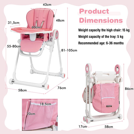 Baby High Foldable Feed Chair with 4 Lockable Wheels for Kitchen-Pink