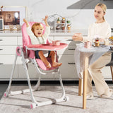 Baby High Foldable Feed Chair with 4 Lockable Wheels for Kitchen-Pink