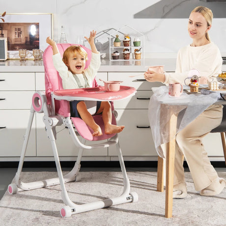 Baby High Foldable Feed Chair with 4 Lockable Wheels for Kitchen-Pink