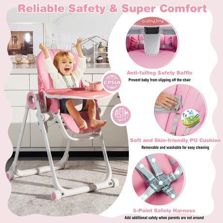 Baby High Foldable Feed Chair with 4 Lockable Wheels for Kitchen-Pink