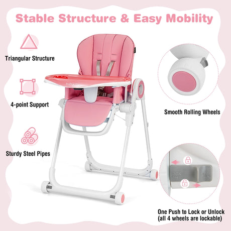 Baby High Foldable Feed Chair with 4 Lockable Wheels for Kitchen-Pink