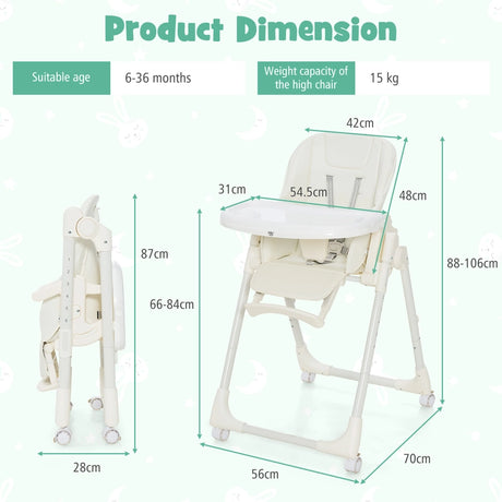 Folding Adjustable High Chair with 5 Recline Positions for Babies Toddlers-Beige