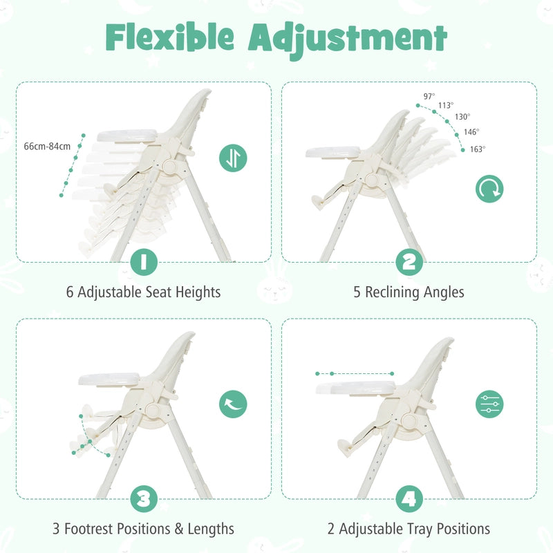 Folding Adjustable High Chair with 5 Recline Positions for Babies Toddlers-Beige