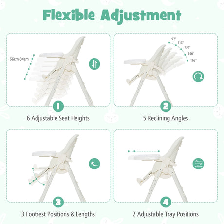 Folding Adjustable High Chair with 5 Recline Positions for Babies Toddlers-Beige