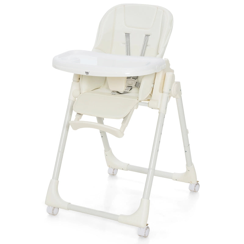 Folding Adjustable High Chair with 5 Recline Positions for Babies Toddlers-Beige