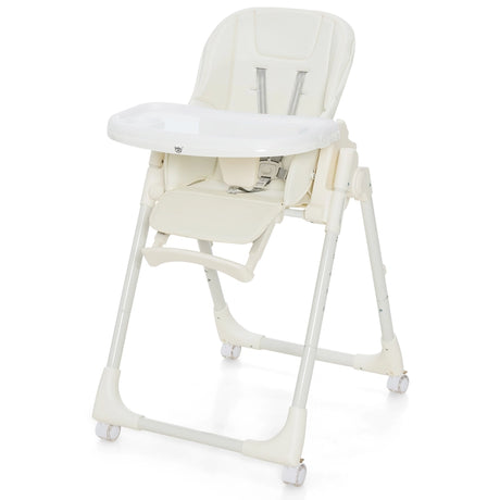 Folding Adjustable High Chair with 5 Recline Positions for Babies Toddlers-Beige