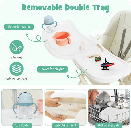 Folding Adjustable High Chair with 5 Recline Positions for Babies Toddlers-Beige