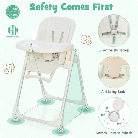Folding Adjustable High Chair with 5 Recline Positions for Babies Toddlers-Beige