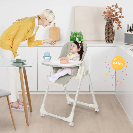 Folding Adjustable High Chair with 5 Recline Positions for Babies Toddlers-Grey