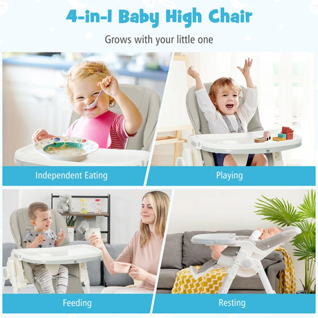 Folding Adjustable High Chair with 5 Recline Positions for Babies Toddlers-Grey