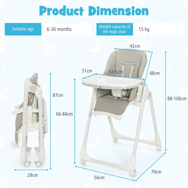 Folding Adjustable High Chair with 5 Recline Positions for Babies Toddlers-Grey