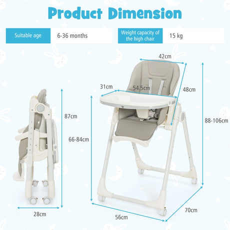 Folding Adjustable High Chair with 5 Recline Positions for Babies Toddlers-Grey