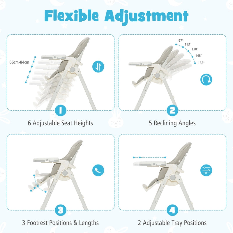Folding Adjustable High Chair with 5 Recline Positions for Babies Toddlers-Grey