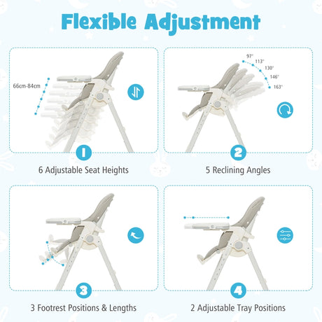 Folding Adjustable High Chair with 5 Recline Positions for Babies Toddlers-Grey