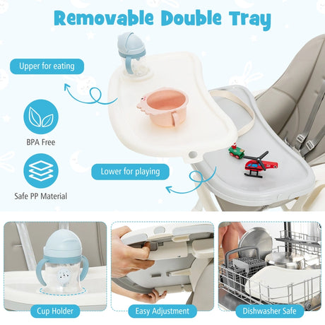 Folding Adjustable High Chair with 5 Recline Positions for Babies Toddlers-Grey