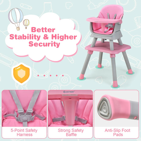 6-in-1 Baby High Chair with 5-Point Harness and Removable Tray-Pink
