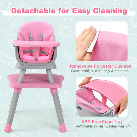 6-in-1 Baby High Chair with 5-Point Harness and Removable Tray-Pink