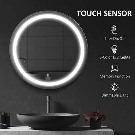 kleankin Round LED Bathroom Mirror, Dimmable Lighted Wall-Mounted Mirror with 3 Temperature Colours, Memory Function, Hardwired