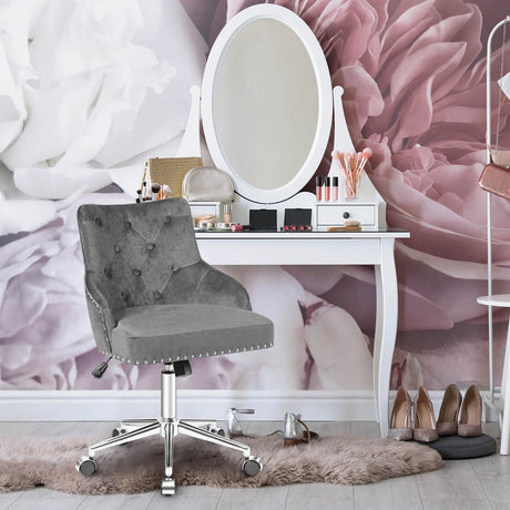 Upholstered Home Office Chair with Wheels and Nailhead Trim