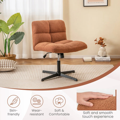 Office Armless Chair Cross Legged with Imitation Lamb Fleece and Adjustable Height-Brown