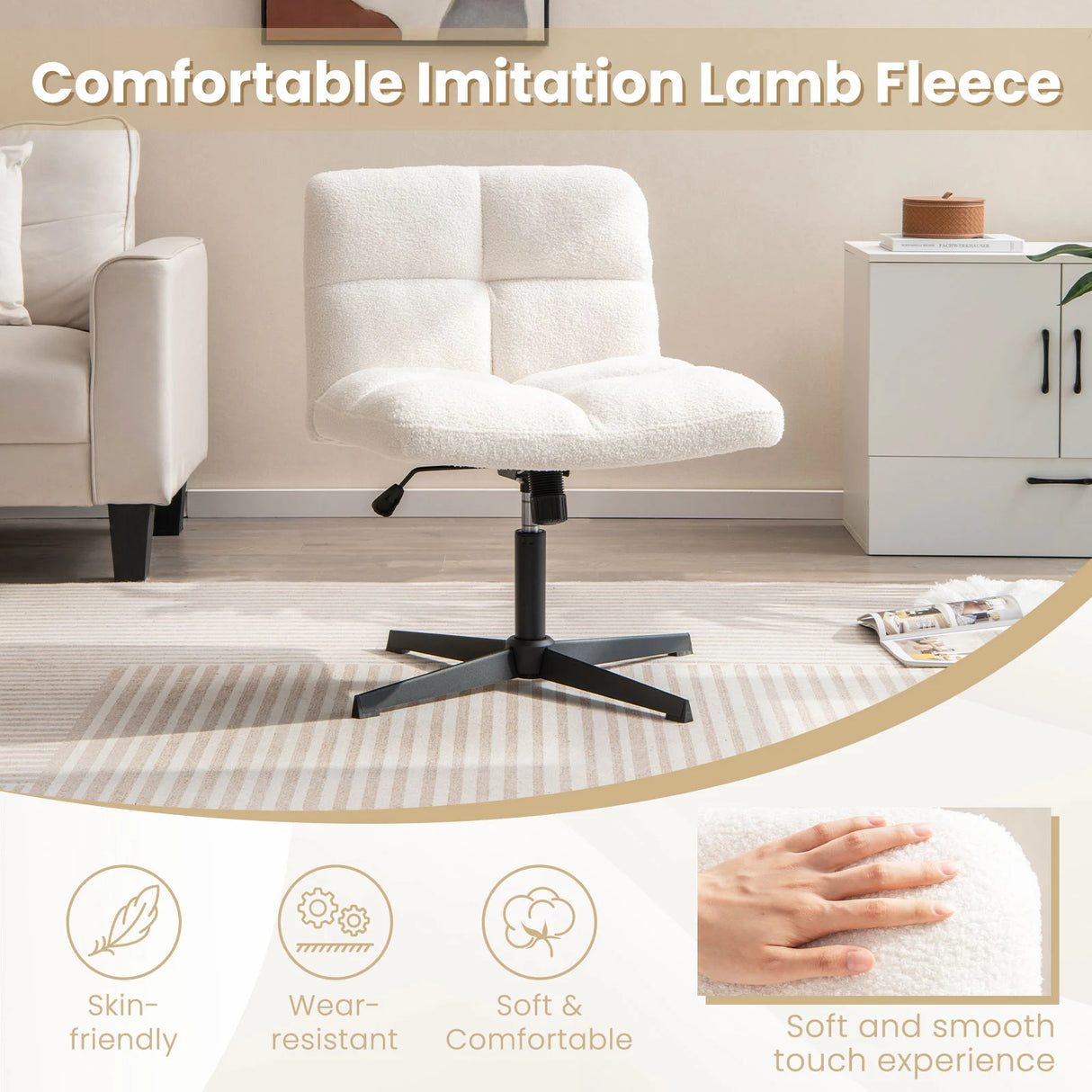 Office Armless Chair Cross Legged with Imitation Lamb Fleece and Adjustable Height-Beige