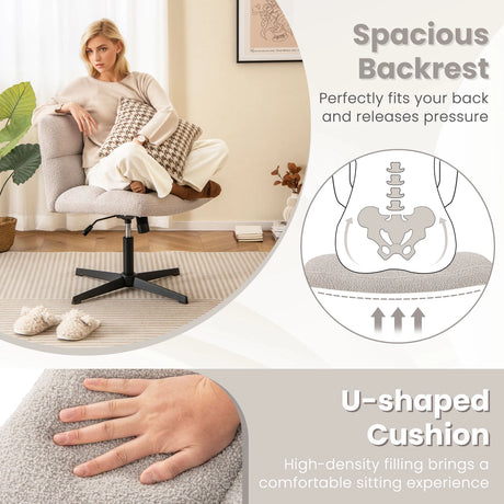 Office Armless Chair Cross Legged with Imitation Lamb Fleece and Adjustable Height-Gray