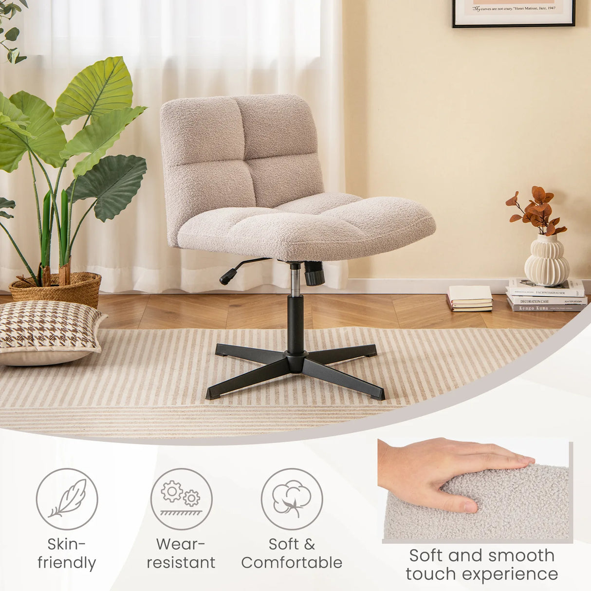 Office Armless Chair Cross Legged with Imitation Lamb Fleece and Adjustable Height-Gray
