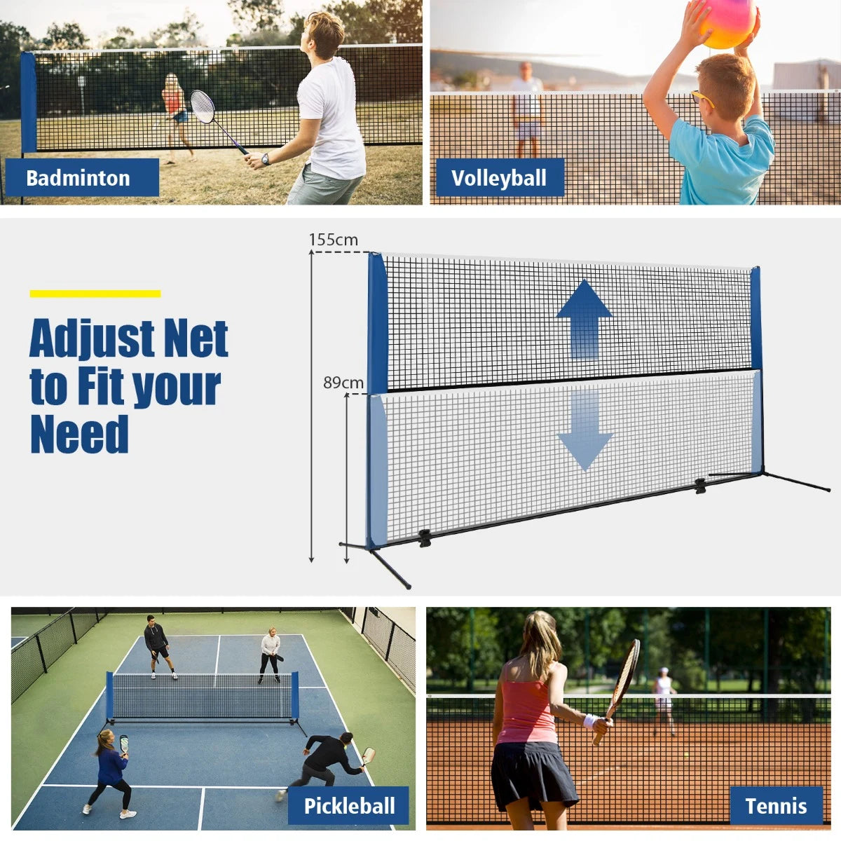 10/14 Feet Adjustable Badminton Racket Set with Portable Carry Bag-14 ft