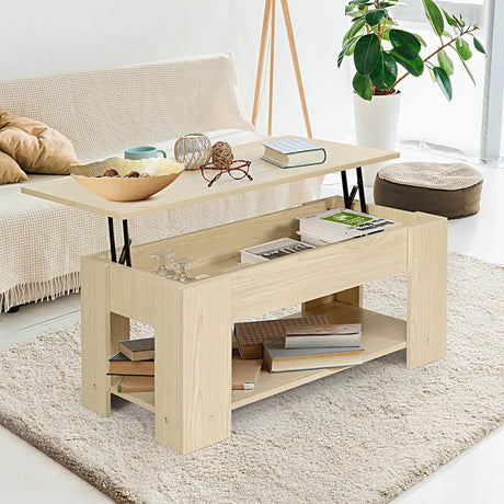 Coffee Table with Lift-up Desktop and Hidden Storage-Natural