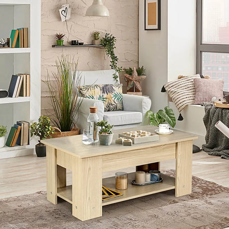 Coffee Table with Lift-up Desktop and Hidden Storage-Natural