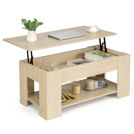 Coffee Table with Lift-up Desktop and Hidden Storage-Natural