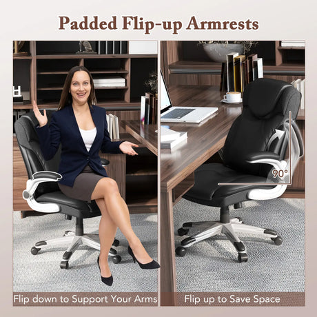 Adjustable Executive Office Chair PU Leather with Rocking Function and Armrests-Black