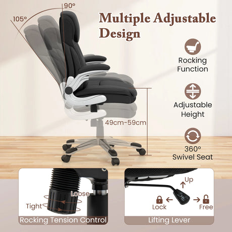 Adjustable Executive Office Chair PU Leather with Rocking Function and Armrests-Black