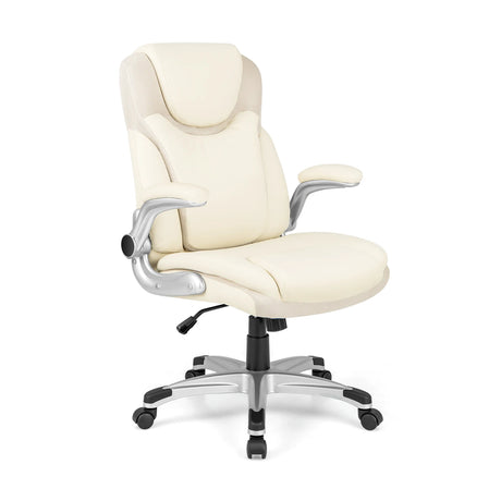 Ergonomic Office PU Leather Executive Chair with Flip-up Armrests and Rocking Function-White