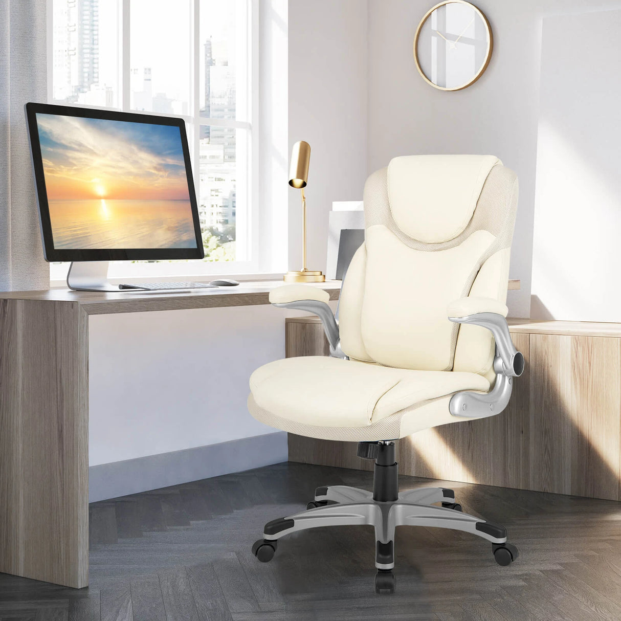 Ergonomic Office PU Leather Executive Chair with Flip-up Armrests and Rocking Function-White
