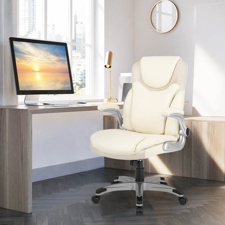 Ergonomic Office PU Leather Executive Chair with Flip-up Armrests and Rocking Function-White