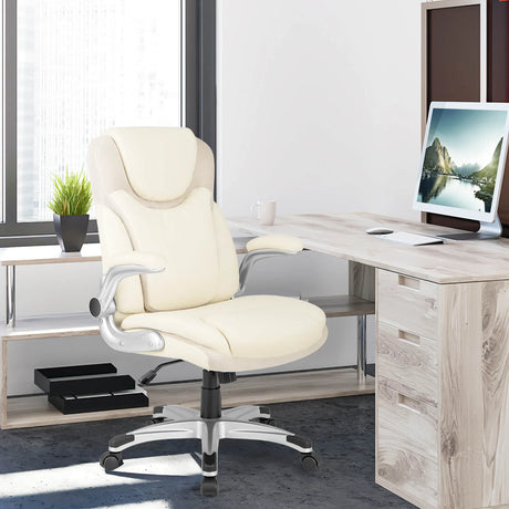 Ergonomic Office PU Leather Executive Chair with Flip-up Armrests and Rocking Function-White