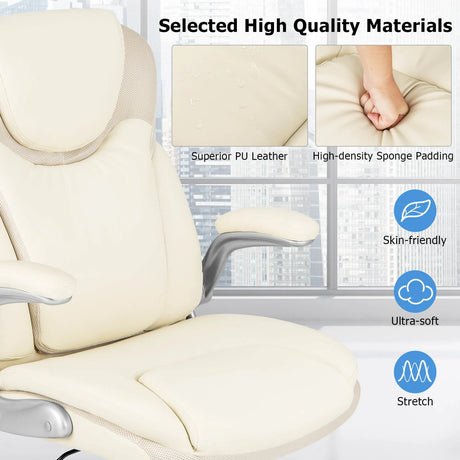 Ergonomic Office PU Leather Executive Chair with Flip-up Armrests and Rocking Function-White
