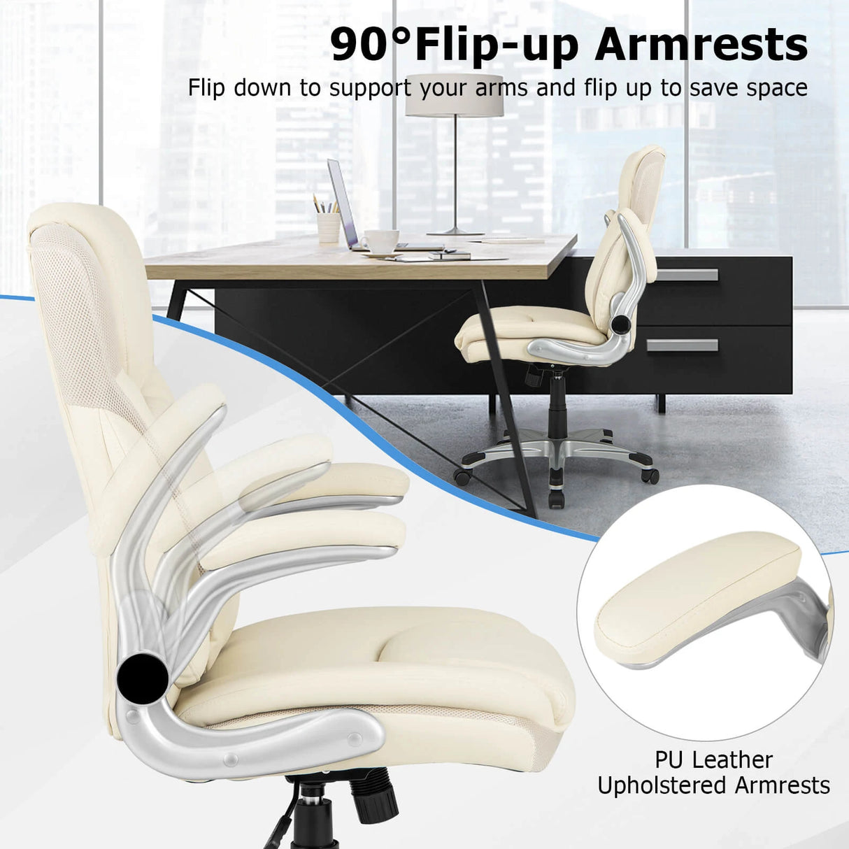 Ergonomic Office PU Leather Executive Chair with Flip-up Armrests and Rocking Function-White