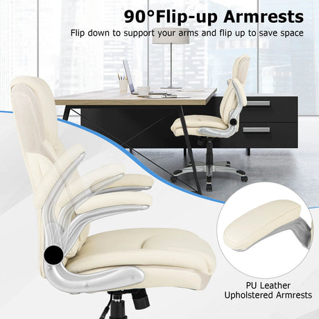 Ergonomic Office PU Leather Executive Chair with Flip-up Armrests and Rocking Function-White