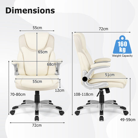 Ergonomic Office PU Leather Executive Chair with Flip-up Armrests and Rocking Function-White