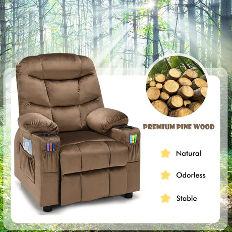 Kids PU Leather/Velvet Fabric Kids Recliner Chair with Cup Holders-Light Brown