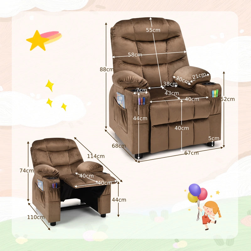 Kids PU Leather/Velvet Fabric Kids Recliner Chair with Cup Holders-Light Brown