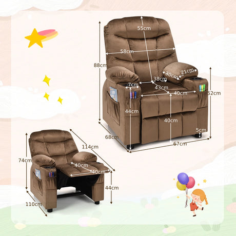Kids PU Leather/Velvet Fabric Kids Recliner Chair with Cup Holders-Light Brown