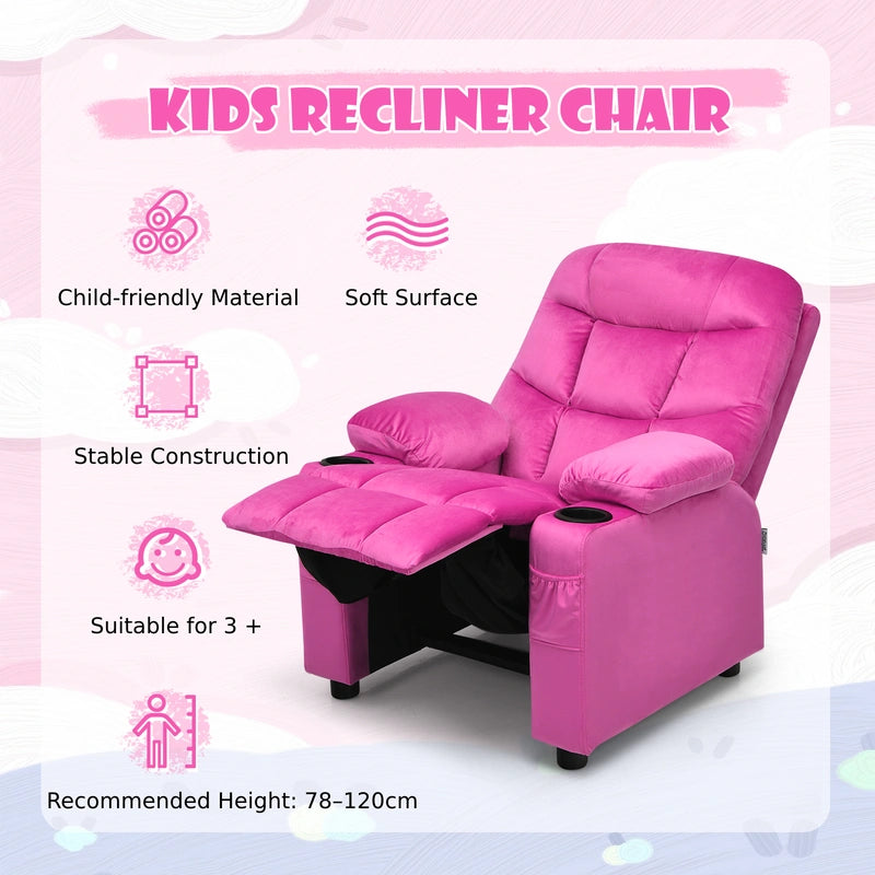 Kids PU Leather/Velvet Fabric Kids Recliner Chair with Cup Holders-Pink