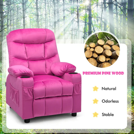 Kids PU Leather/Velvet Fabric Kids Recliner Chair with Cup Holders-Pink